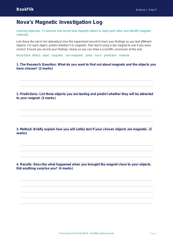 Free Magnets Template | Class 5 | Science | BookFlik worksheet preview — Science Magnets