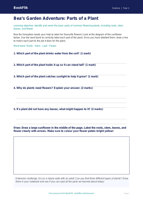Free Plants Activity Sheet | Class 1 | Science | BookFlik worksheet preview — Science Plants