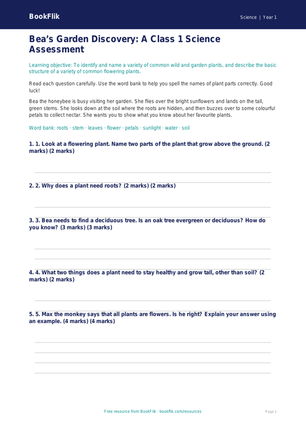 Free Plants Assessment | Class 1 | Science | BookFlik worksheet preview — Science Plants