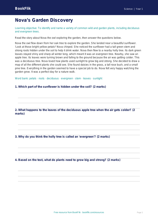 Free Plants Comprehension | Class 1 | Science | BookFlik worksheet preview — Science Plants
