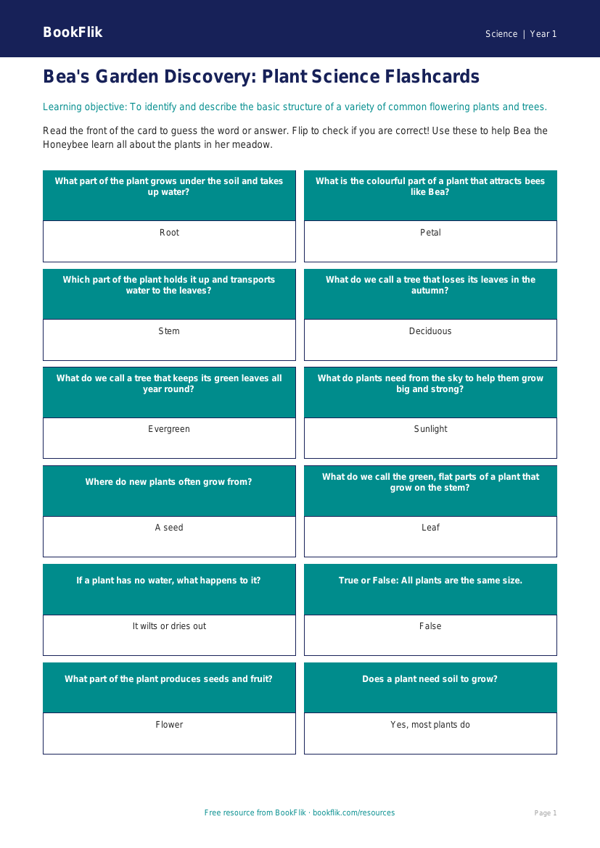 Free Plants Flashcards | Class 1 Science | CBSE Curriculum | BookFlik worksheet preview — Science Plants