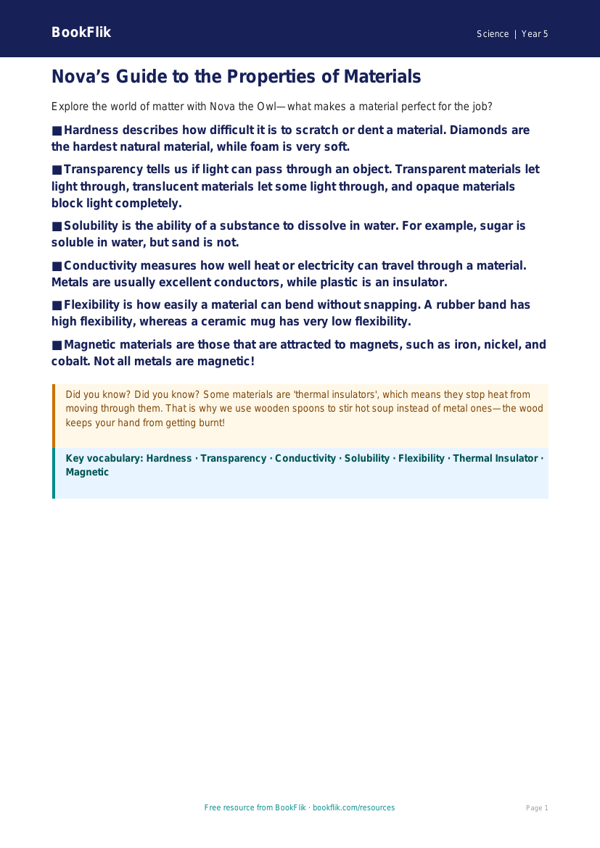Free Properties Of Materials Poster | Class 5 | Science | BookFlik worksheet preview — Science Properties Of Materials
