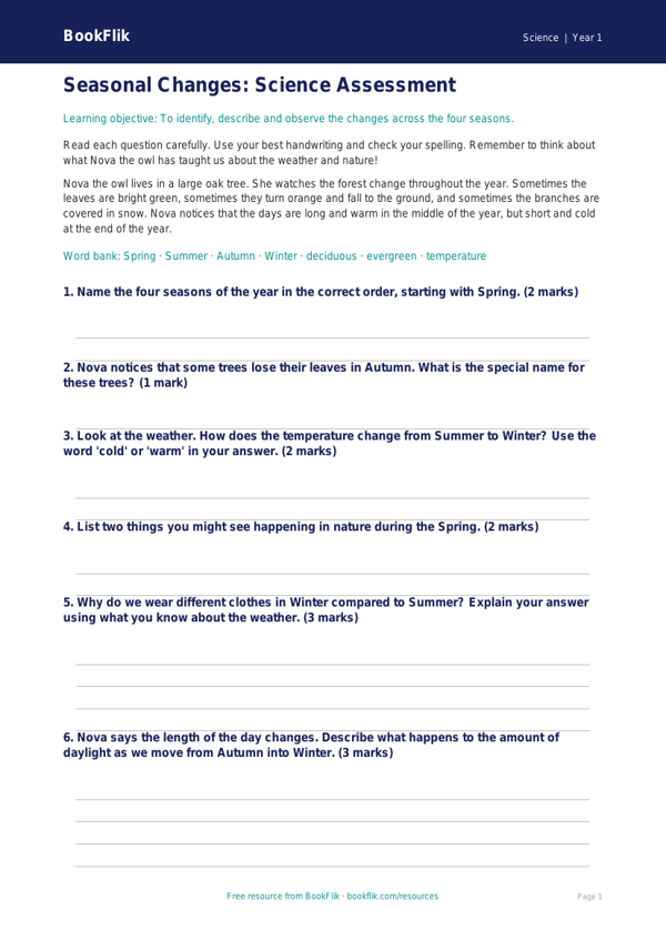 Free Seasonal Changes Assessment | Class 1 | Science | BookFlik worksheet preview — Science Seasonal Changes