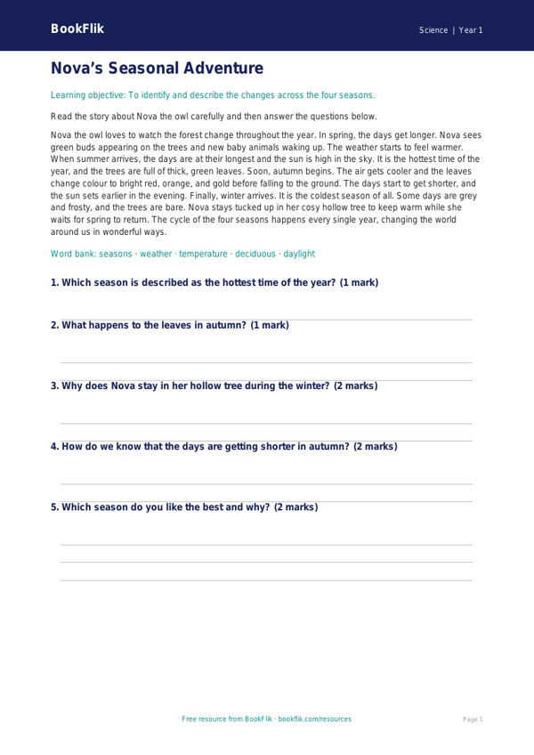 Free Seasonal Changes Comprehension | Class 1 | Science | BookFlik worksheet preview — Science Seasonal Changes