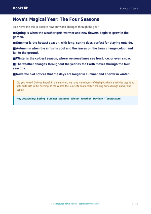 Free Seasonal Changes Poster | Class 1 | Science | BookFlik worksheet preview — Science Seasonal Changes