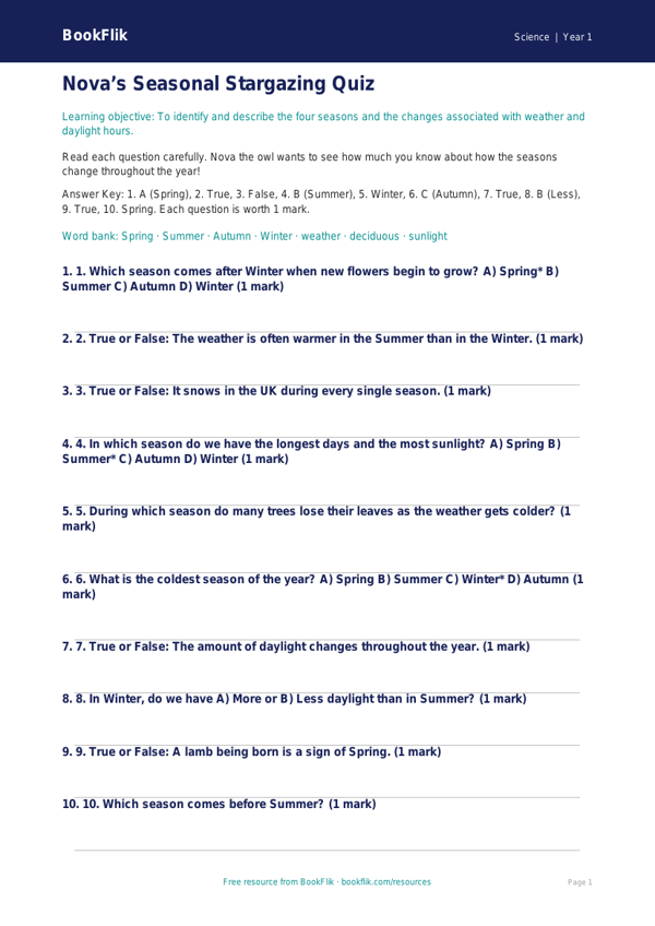 Free Seasonal Changes Quiz | Class 1 | Science | BookFlik worksheet preview — Science Seasonal Changes