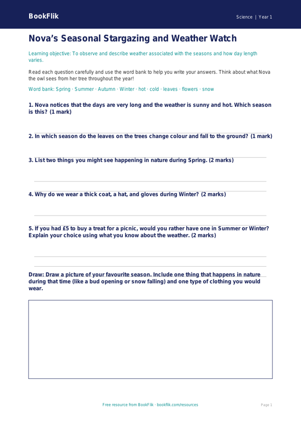 Free Seasonal Changes Worksheet | Class 1 | Science | BookFlik worksheet preview — Science Seasonal Changes