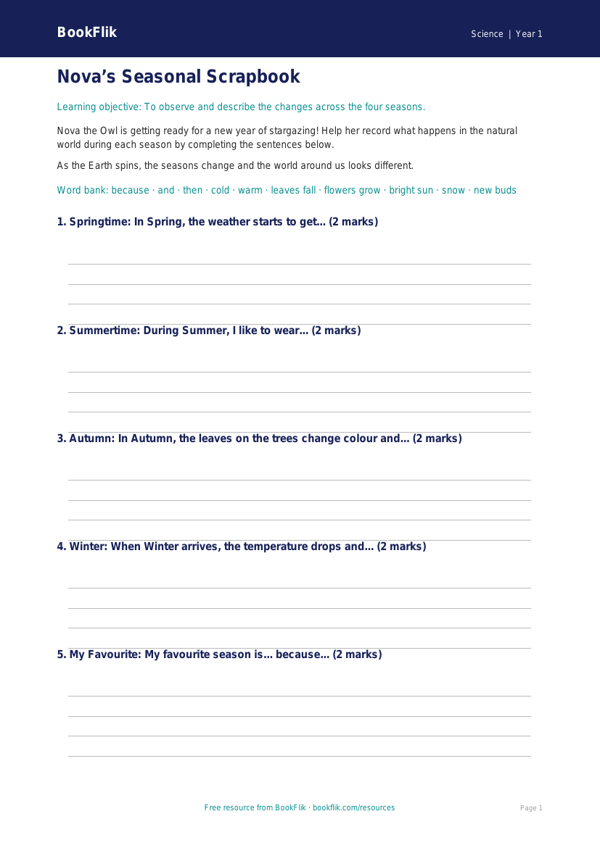 Free Seasonal Changes Writing Frame | Class 1 | Science | BookFlik worksheet preview — Science Seasonal Changes