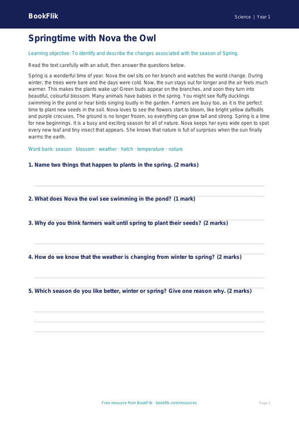 Free Spring Science Comprehension | Class 1 | Science | BookFlik worksheet preview — Science Spring Science