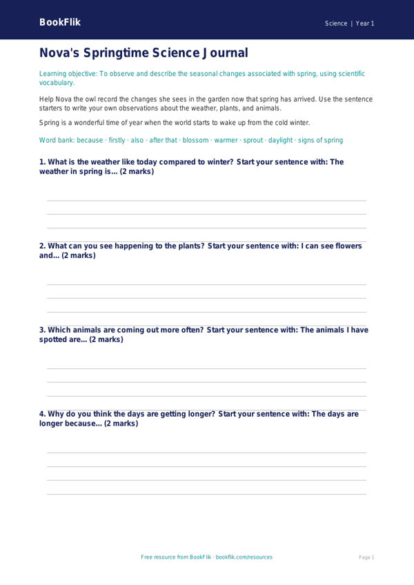 Free Spring Science Writing Frame | Class 1 | Science | BookFlik worksheet preview — Science Spring Science