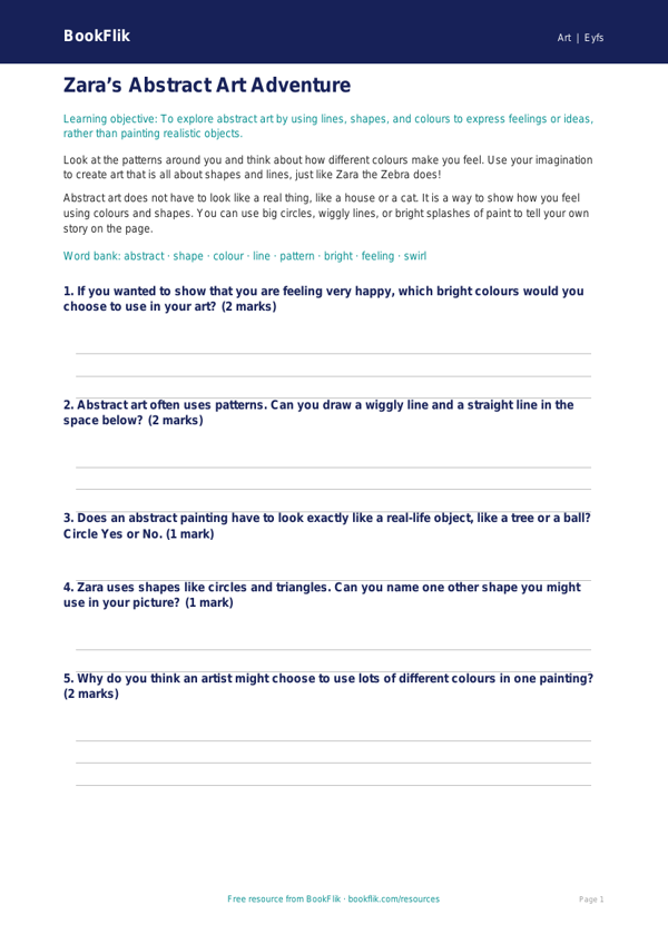 Free Abstract Art Worksheet | EYFS Core | BookFlik worksheet preview — Art Abstract Art