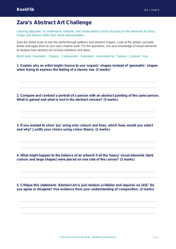 Free Abstract Art Activity Sheet | Year 5 Greater Depth | BookFlik worksheet preview — Art Abstract Art