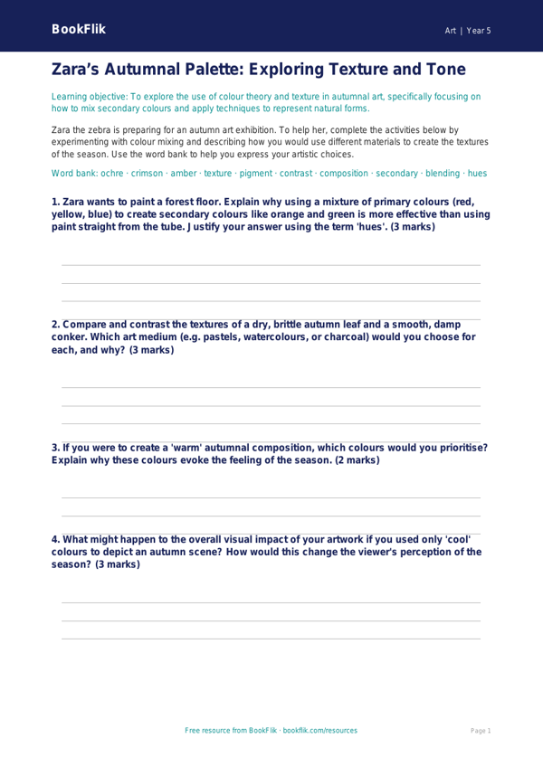 Free Autumn Art Activity Sheet | Year 5 Greater Depth | BookFlik worksheet preview — Art Autumn Art