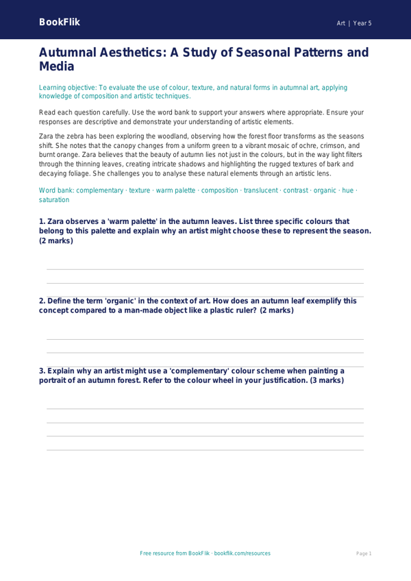 Free Autumn Art Assessment | Year 5 Greater Depth | BookFlik worksheet preview — Art Autumn Art