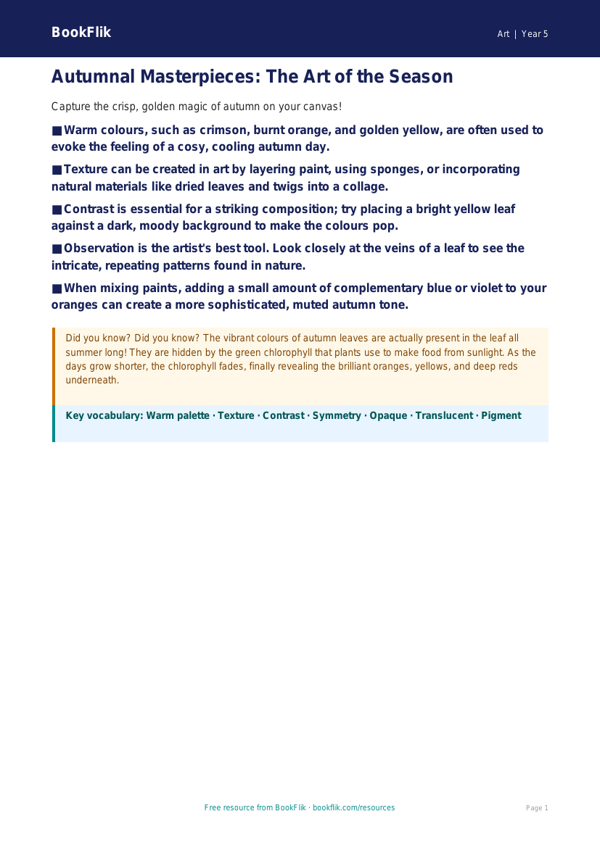 Free Autumn Art Poster | Year 5 Greater Depth | BookFlik worksheet preview — Art Autumn Art