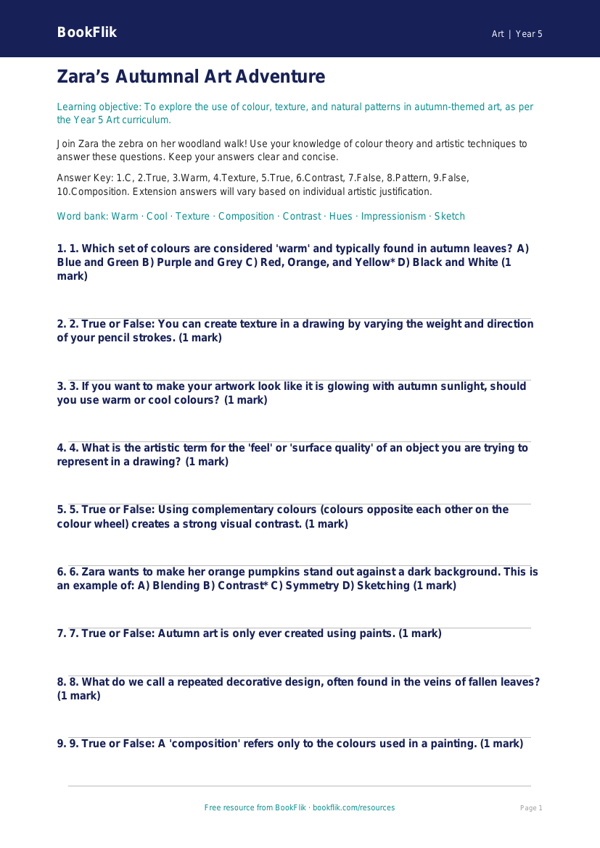 Free Autumn Art Quiz | Year 5 Greater Depth | BookFlik worksheet preview — Art Autumn Art