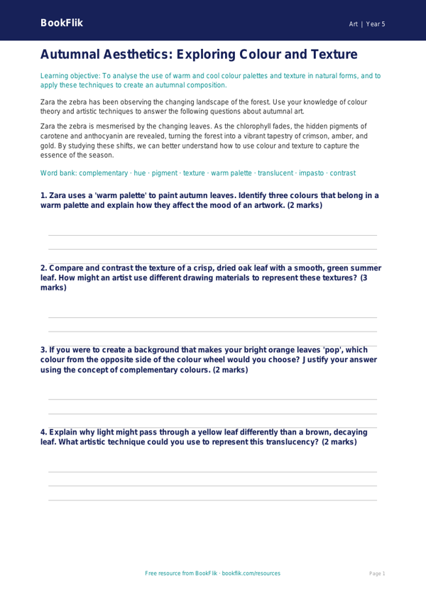 Free Autumn Art Worksheet | Year 5 Greater Depth | BookFlik worksheet preview — Art Autumn Art