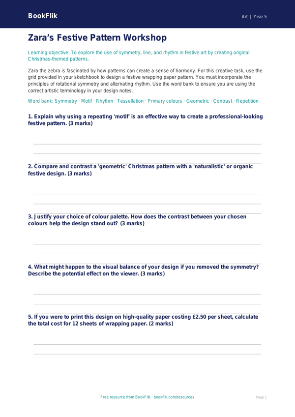 Free Christmas Art Activity Sheet | Year 5 Greater Depth | BookFlik worksheet preview — Art Christmas Art