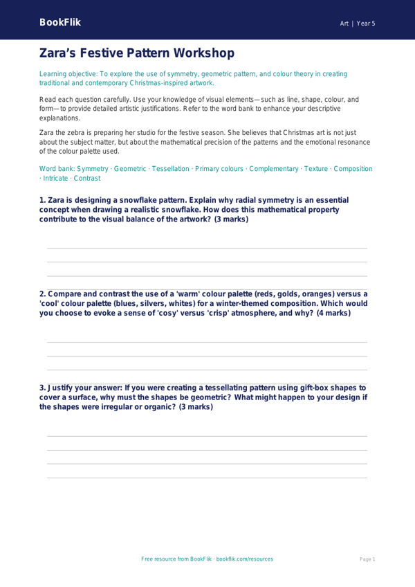 Free Christmas Art Worksheet | Year 5 Greater Depth | BookFlik worksheet preview — Art Christmas Art