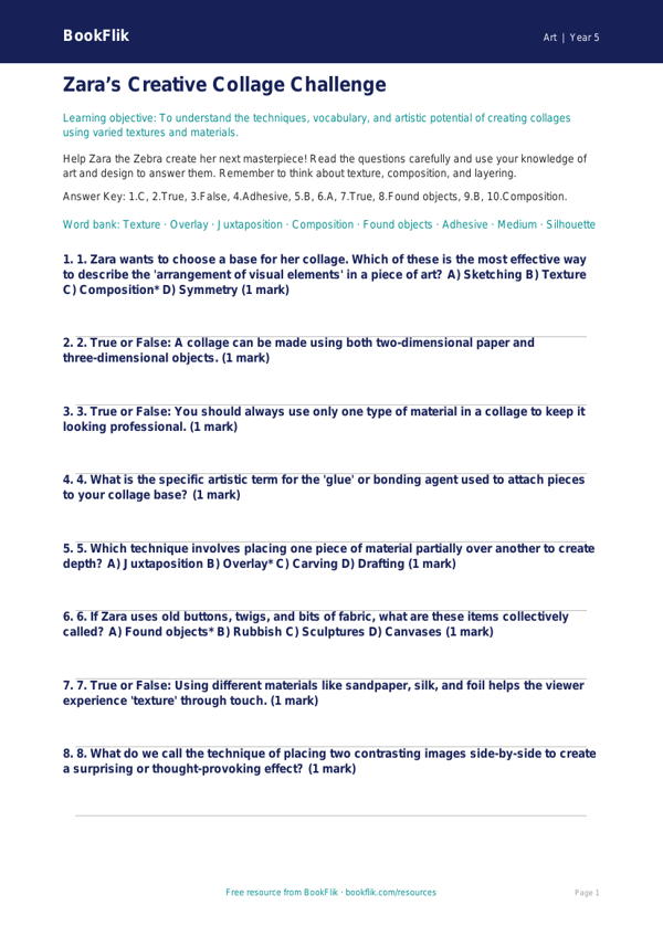 Free Collage Quiz | Year 5 Greater Depth | BookFlik worksheet preview — Art Collage