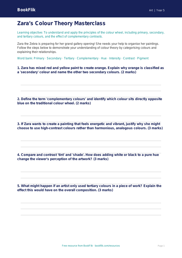 Free Colour Theory Activity Sheet | Year 5 Greater Depth | BookFlik worksheet preview — Art Colour Theory