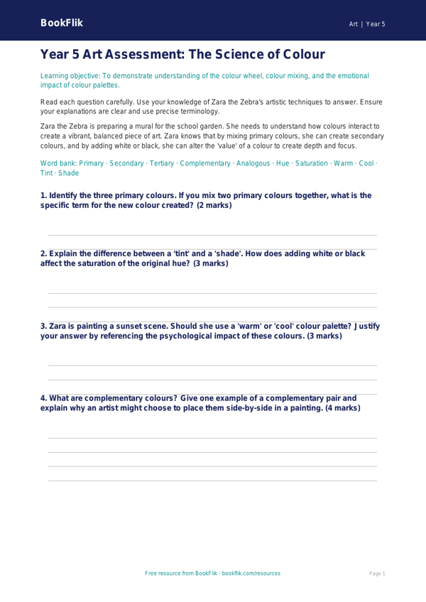 Free Colour Theory Assessment | Year 5 Greater Depth | BookFlik worksheet preview — Art Colour Theory