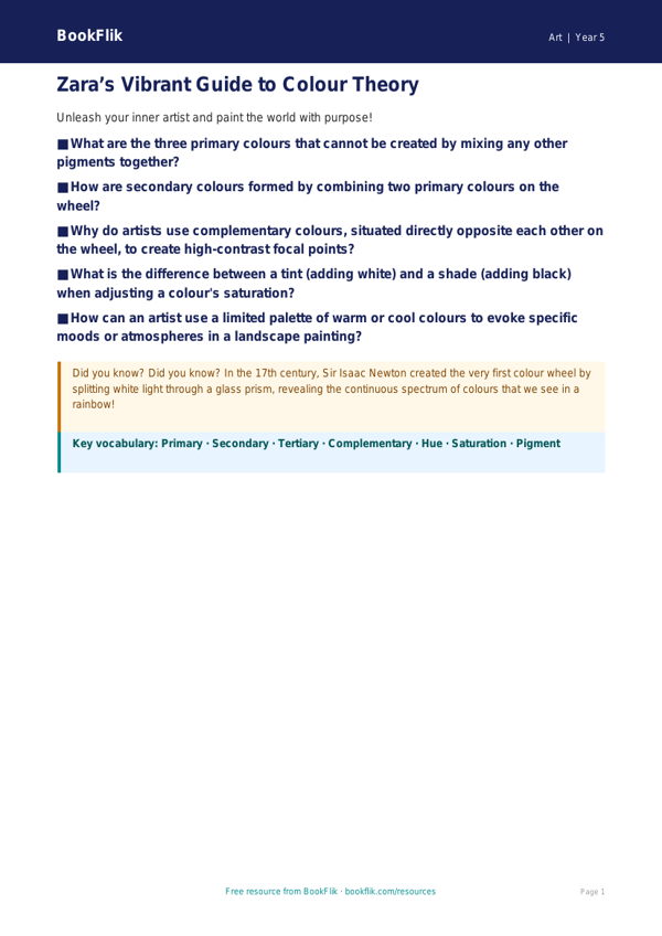 Free Colour Theory Poster | Year 5 Greater Depth | BookFlik worksheet preview — Art Colour Theory