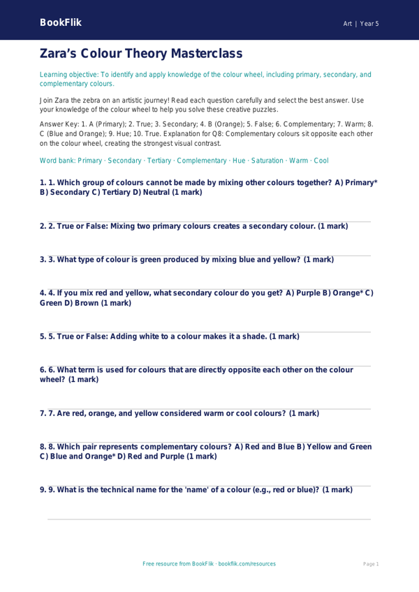 Free Colour Theory Quiz | Year 5 Greater Depth | BookFlik worksheet preview — Art Colour Theory