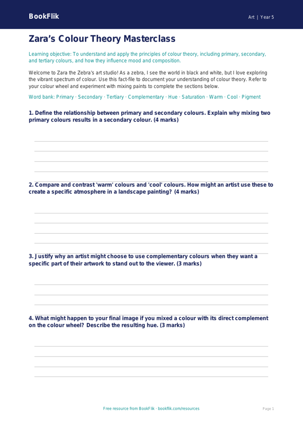 Free Colour Theory Template | Year 5 Greater Depth | BookFlik worksheet preview — Art Colour Theory