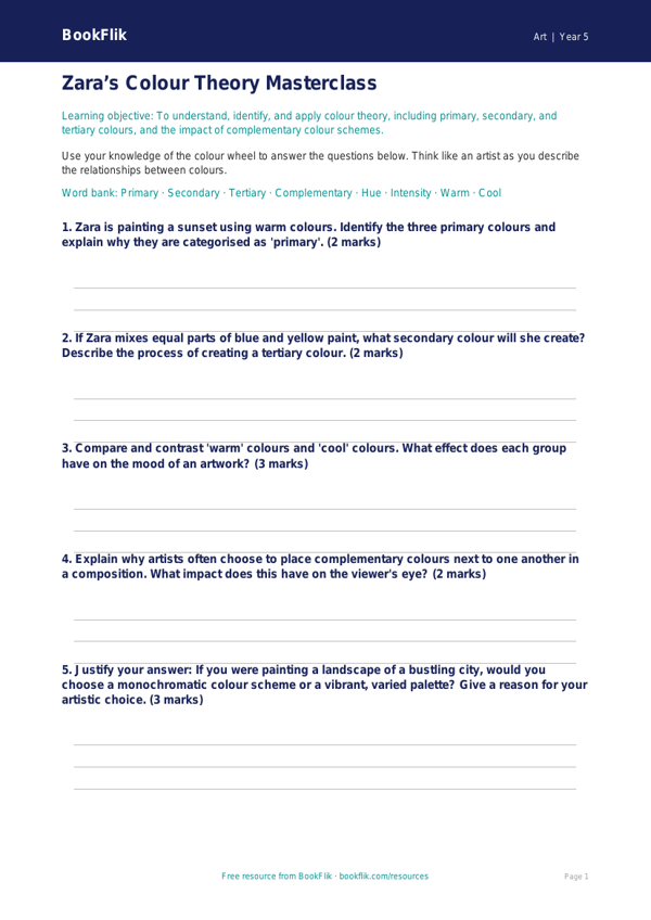 Free Colour Theory Worksheet | Year 5 Greater Depth | BookFlik worksheet preview — Art Colour Theory