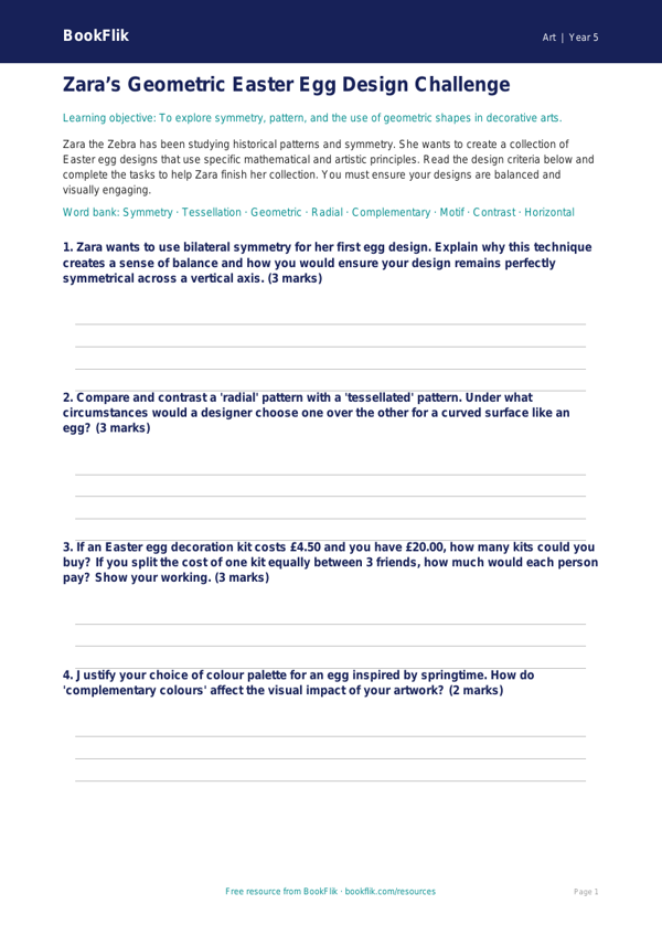 Free Easter Art Activity Sheet | Year 5 Greater Depth | BookFlik worksheet preview — Art Easter Art