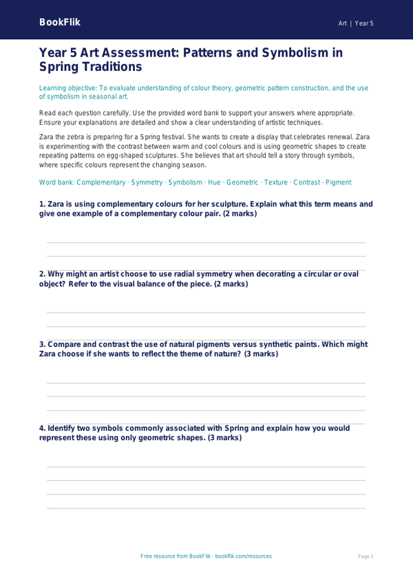 Free Easter Art Assessment | Year 5 Greater Depth | BookFlik worksheet preview — Art Easter Art