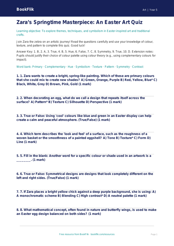 Free Easter Art Quiz | Year 5 Greater Depth | BookFlik worksheet preview — Art Easter Art