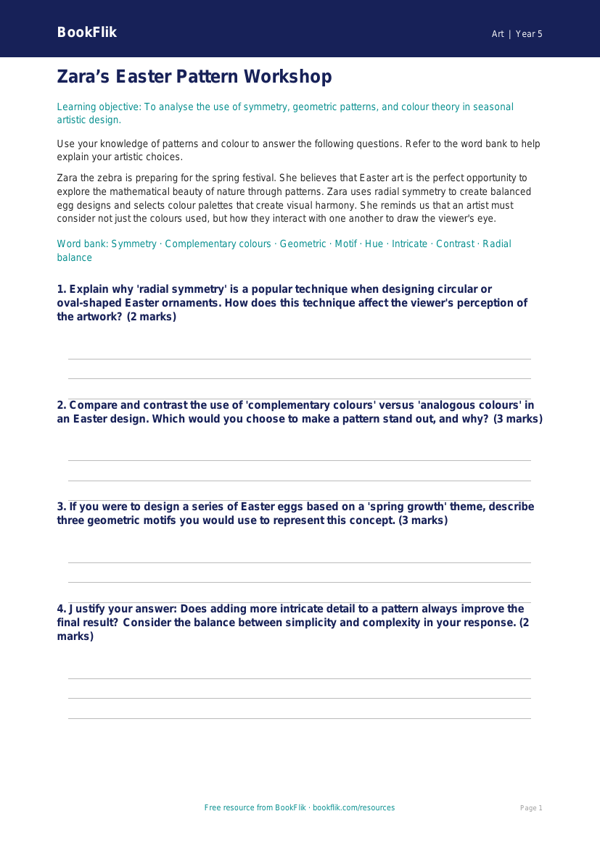 Free Easter Art Worksheet | Year 5 Greater Depth | BookFlik worksheet preview — Art Easter Art
