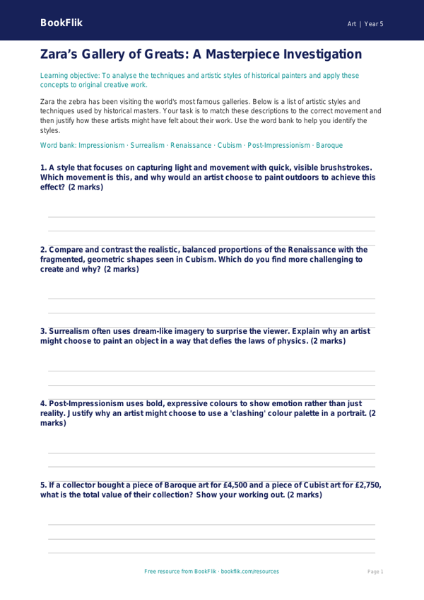 Free Famous Artists Activity Sheet | Year 5 Greater Depth | BookFlik worksheet preview — Art Famous Artists