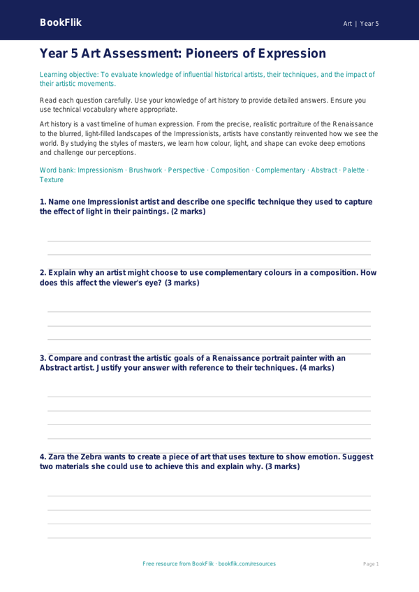 Free Famous Artists Assessment | Year 5 Greater Depth | BookFlik worksheet preview — Art Famous Artists