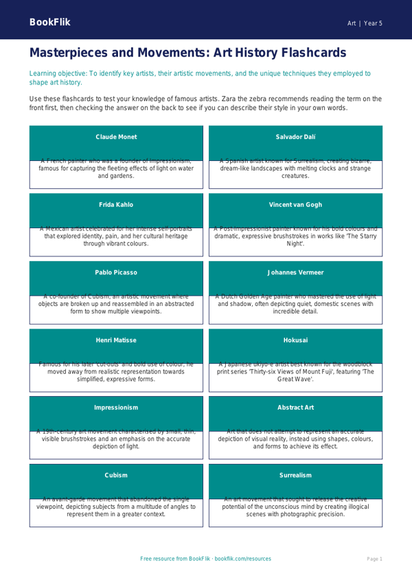 Free Famous Artists Flashcards | Year 5 Greater Depth | BookFlik worksheet preview — Art Famous Artists
