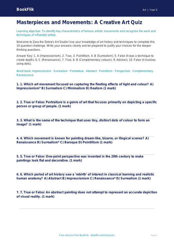 Free Famous Artists Quiz | Year 5 Greater Depth | BookFlik worksheet preview — Art Famous Artists