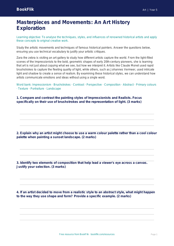 Free Famous Artists Worksheet | Year 5 Greater Depth | BookFlik worksheet preview — Art Famous Artists