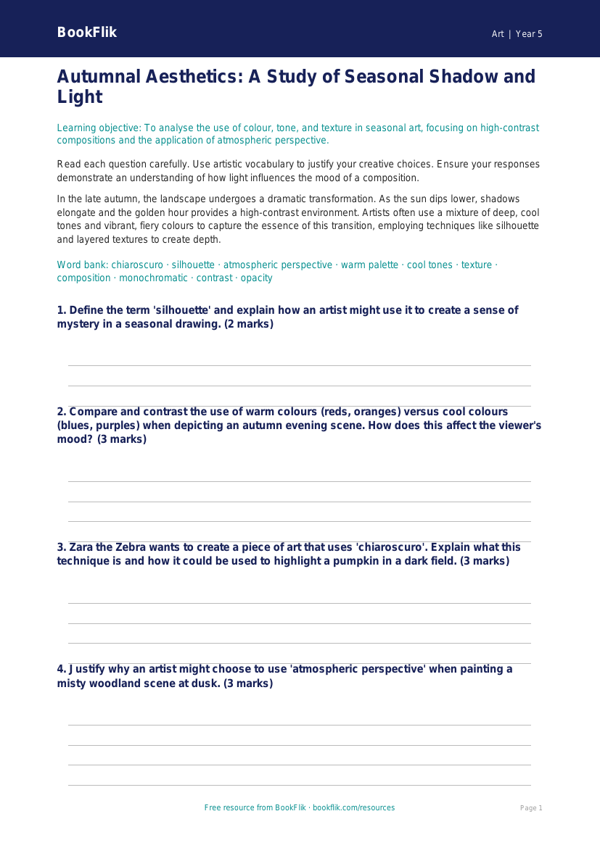 Free Halloween Art Assessment | Year 5 Greater Depth | BookFlik worksheet preview — Art Halloween Art