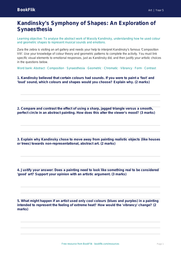 Free Kandinsky Activity Sheet | Year 5 Greater Depth | BookFlik worksheet preview — Art Kandinsky