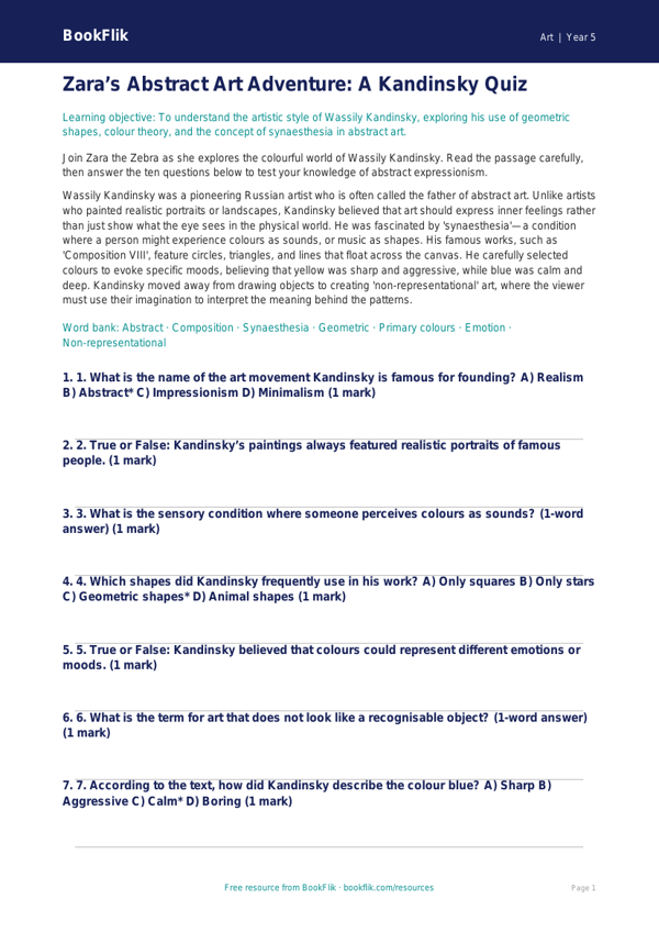 Free Kandinsky Quiz | Year 5 Greater Depth | BookFlik worksheet preview — Art Kandinsky