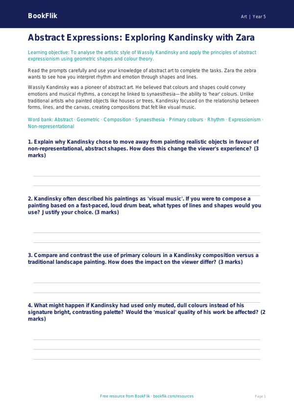 Free Kandinsky Worksheet | Year 5 Greater Depth | BookFlik worksheet preview — Art Kandinsky