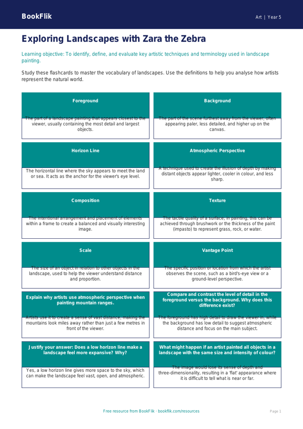 Free Landscapes Flashcards | Year 5 Greater Depth | BookFlik worksheet preview — Art Landscapes