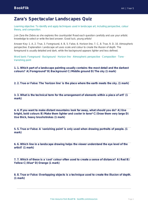 Free Landscapes Quiz | Year 5 Greater Depth | BookFlik worksheet preview — Art Landscapes