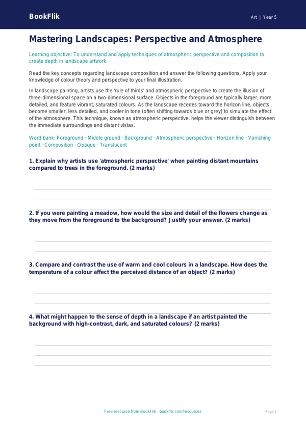 Free Landscapes Worksheet | Year 5 Greater Depth | BookFlik worksheet preview — Art Landscapes