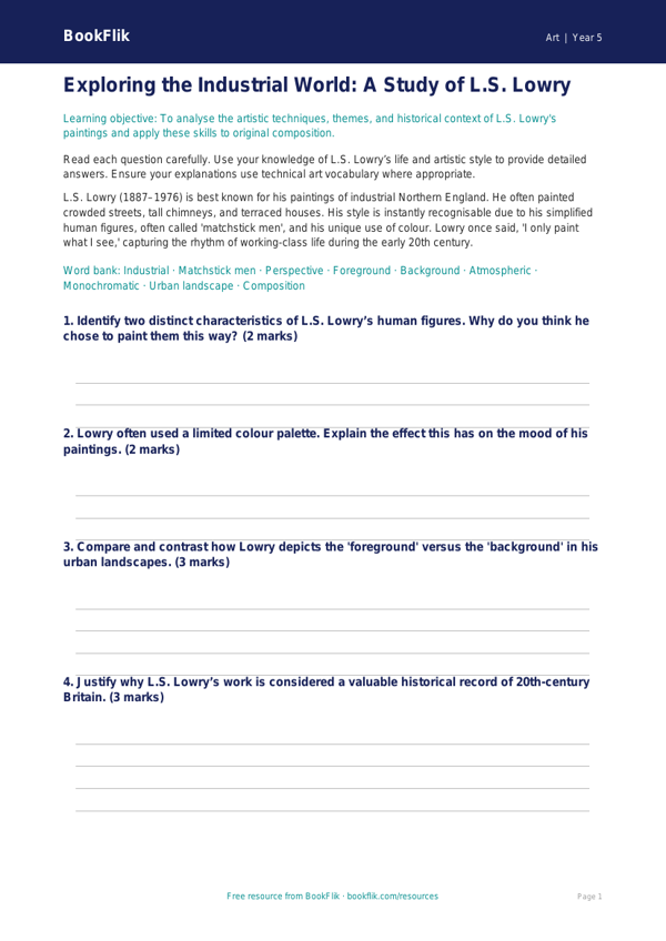 Free Lowry Assessment | Year 5 Greater Depth | BookFlik worksheet preview — Art Lowry