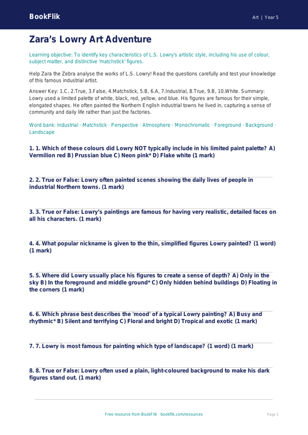 Free Lowry Quiz | Year 5 Greater Depth | BookFlik worksheet preview — Art Lowry