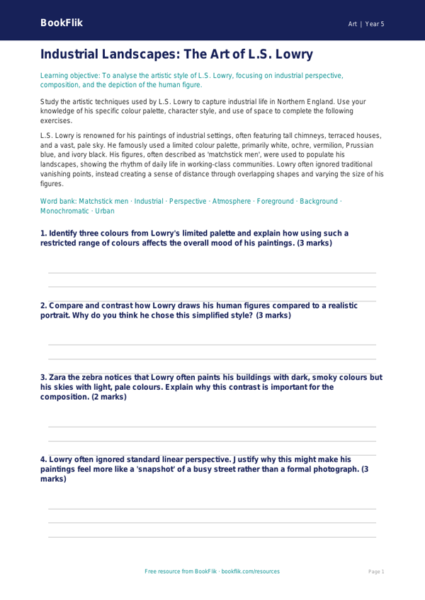 Free L.S. Lowry Art Worksheet | Year 5 Greater Depth | BookFlik worksheet preview — Art Lowry