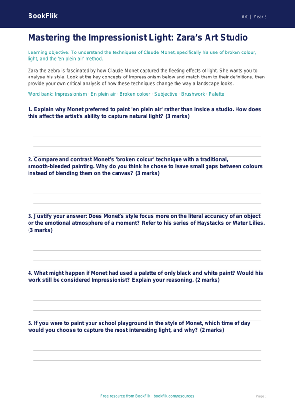 Free Monet Activity Sheet | Year 5 Greater Depth | BookFlik worksheet preview — Art Monet